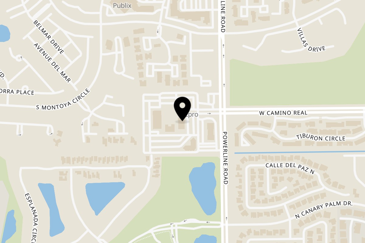 Map showing the location of Carmela's on 7300 W Camino Real in Boca Raton